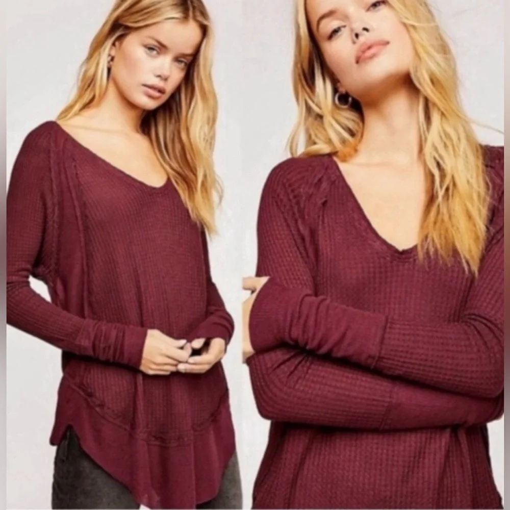 Free People Catalina Waffle Knit Thermal Top in Wine Burgundy Size Small